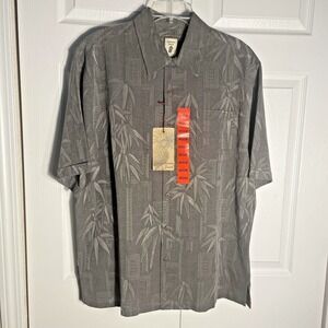 Jamaica Jaxx Silk Hawaiian Shirt Mens M Gray 100% Silk Bamboo Print Loop Collar